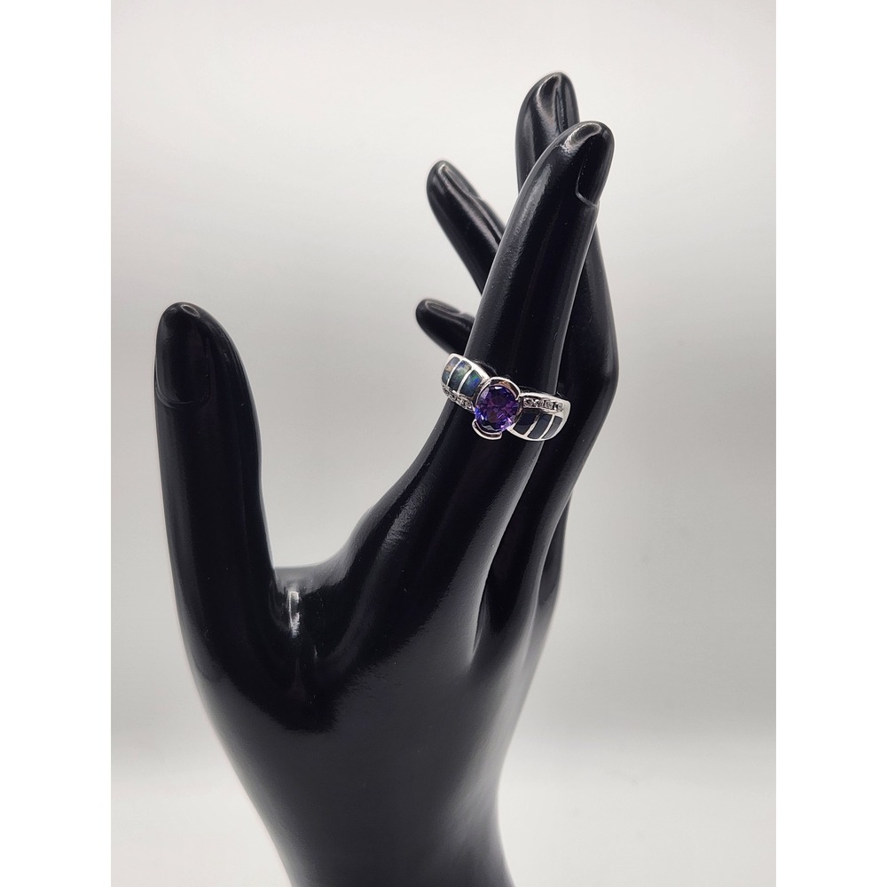 925‎ Sterling Silver Amethyst and Black Opal Inlay Statement Ring Size 5.75